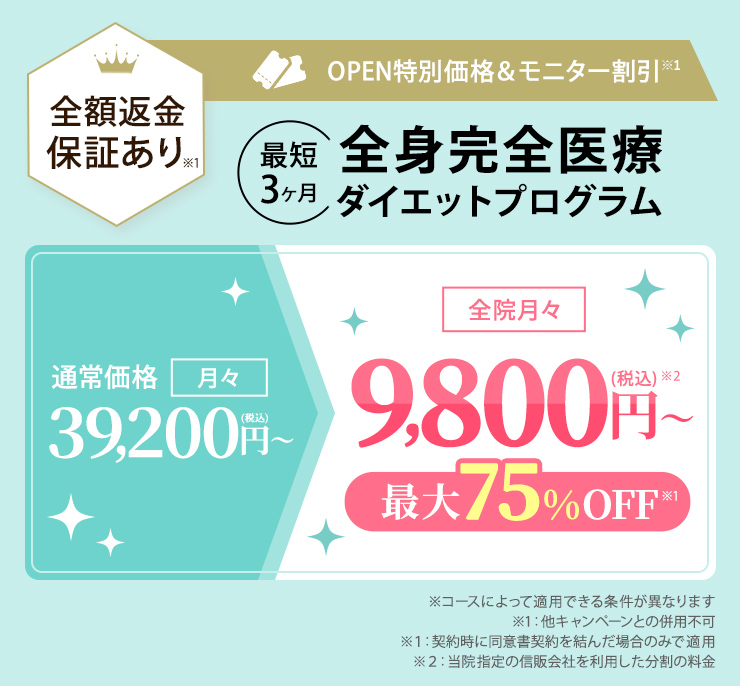 通常価格月々39,200円～が全院月額9,800円～　最大75％OFF